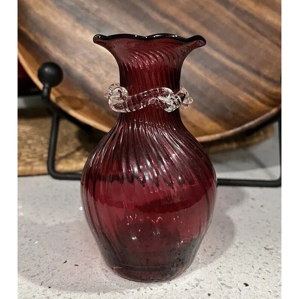 Vintage Pilgrim Cranberry Glass Vase Clear Ribbon Trim.Cranberry